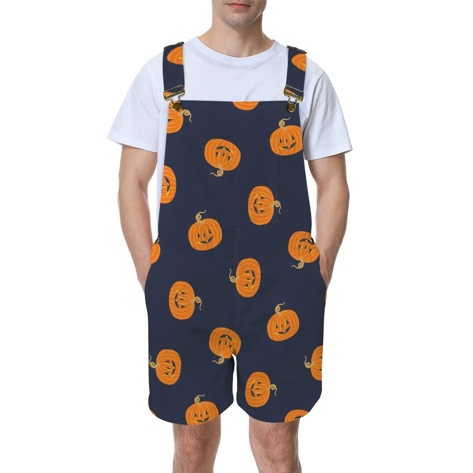 pumpkin print on black Unisex Shorts Suspender Jumpsuit (Model L78)