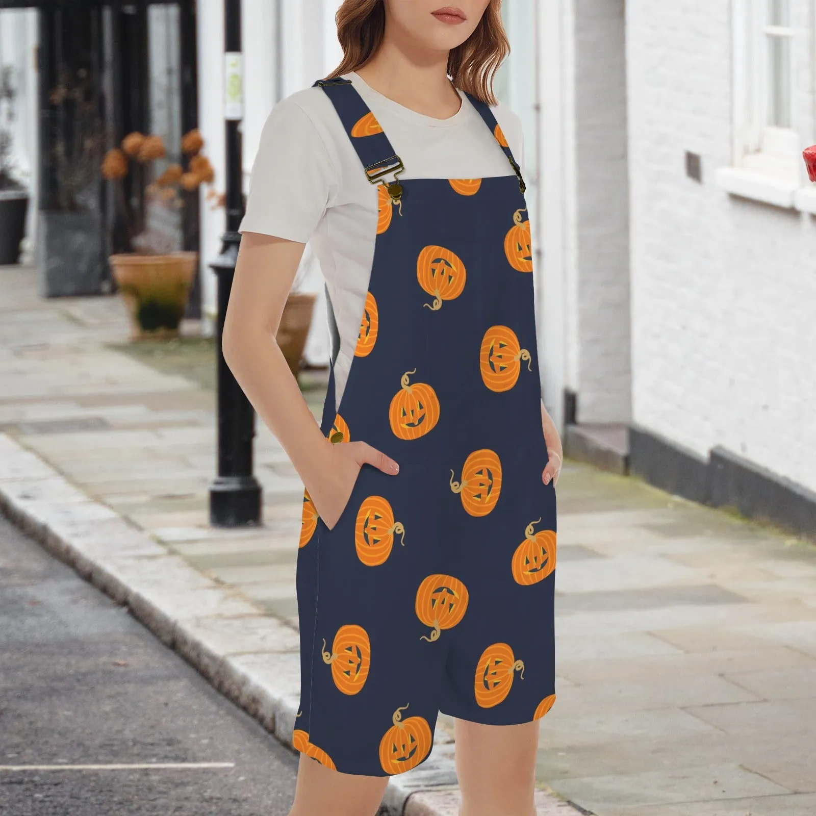 pumpkin print on black Unisex Shorts Suspender Jumpsuit (Model L78)