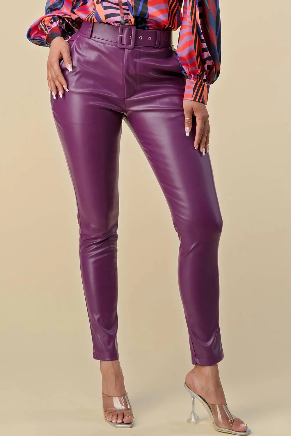 Purple PU Leather Belted Pant