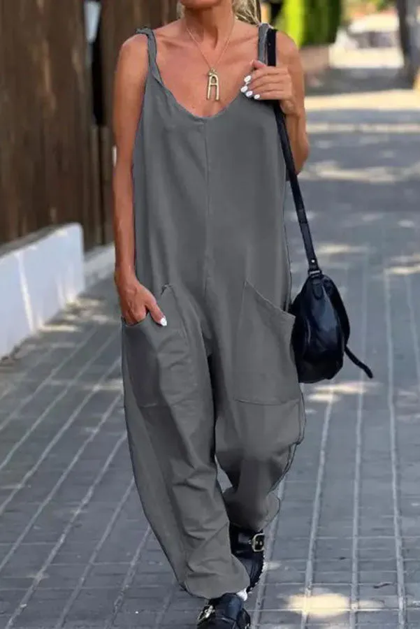 Relaxing Bay Solid Color Pocketed Casual Beach Jumpsuit