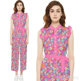 Retro Pink Jumpsuit, 70s Style Jumpsuit, Chiffon Floral Pink Ruffle Jumpsuit, Pink Pants Overall