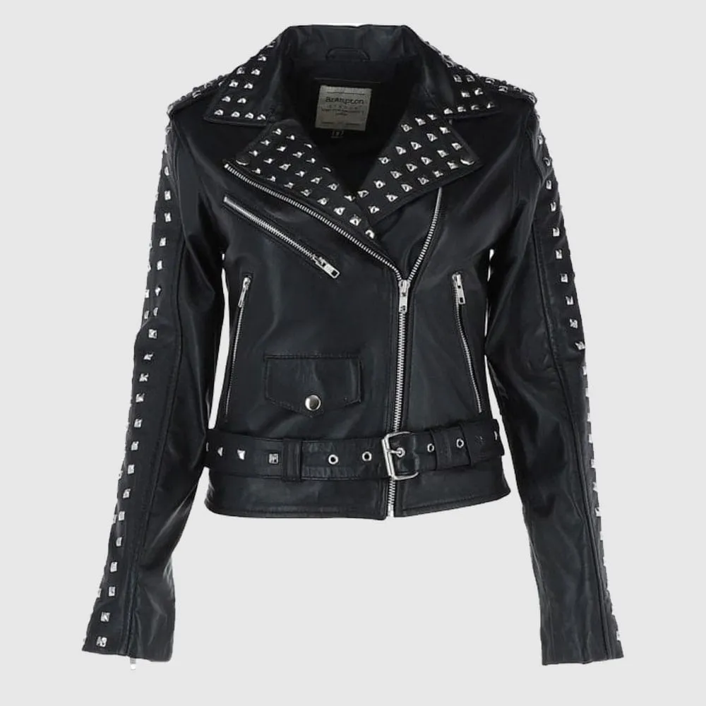 Rock the Edge: Black Studded Leather Biker Jacket for Women