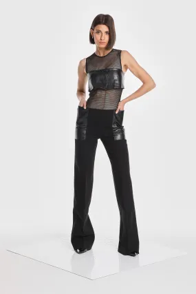 ROMA MESH JUMPSUIT W/ VEGAN LEATHER OVERLAY