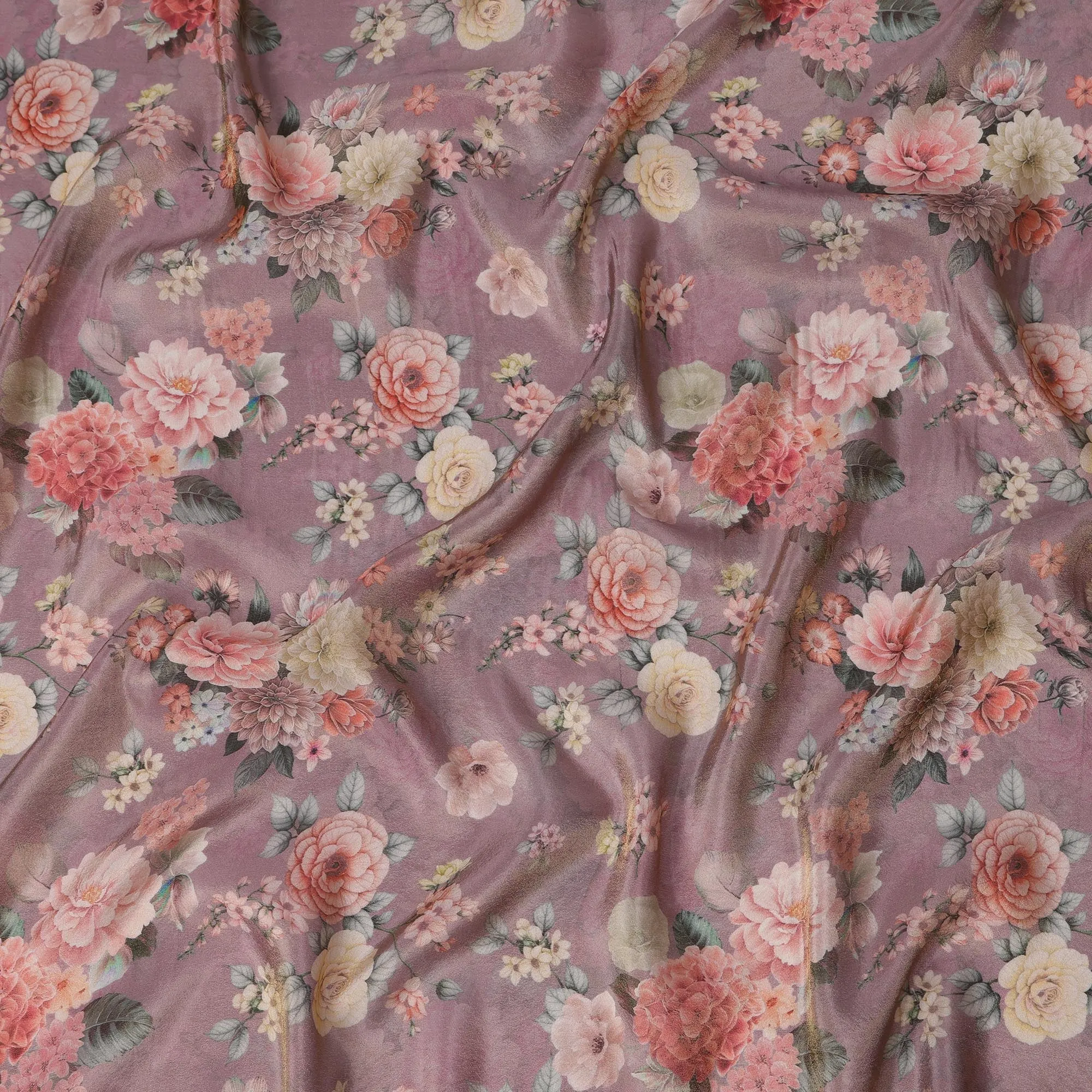 Rose Gold Viscose Digital Printed Fabric with Metallic Finish and Floral Design, 110 cm Width-D21333