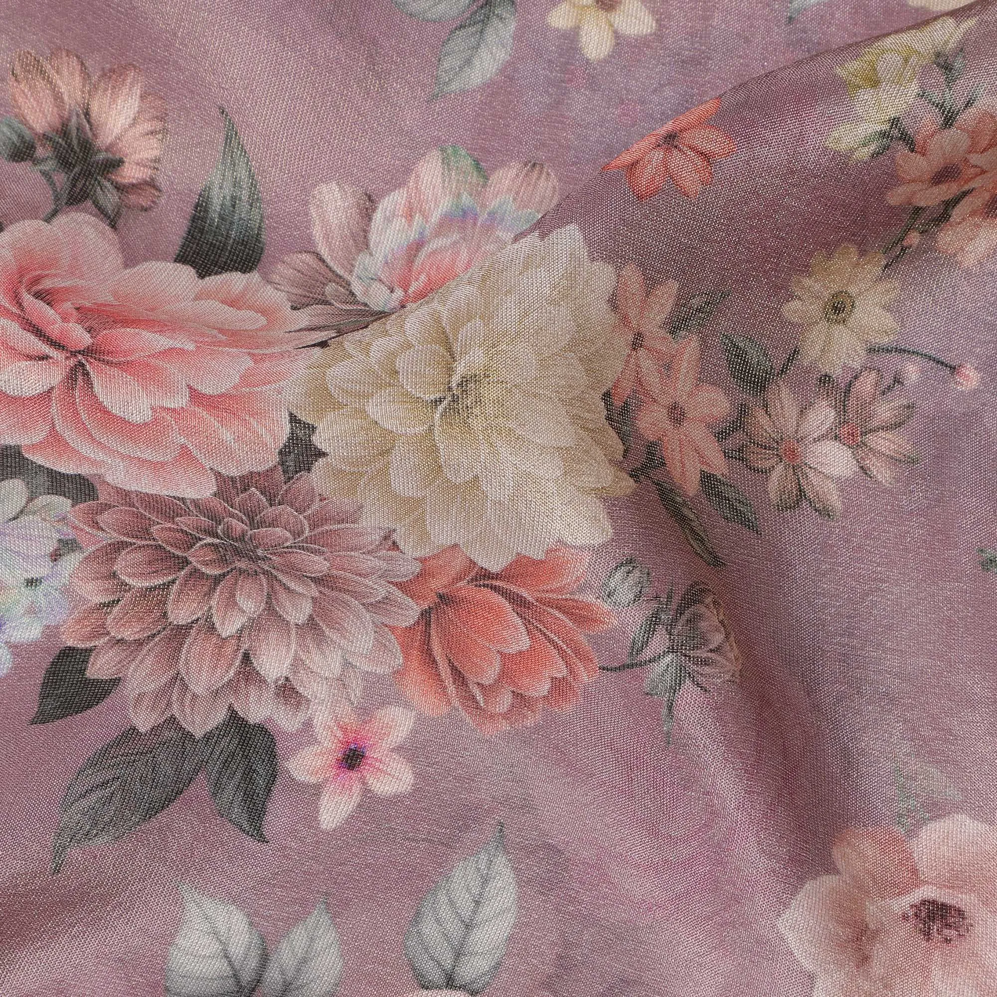 Rose Gold Viscose Digital Printed Fabric with Metallic Finish and Floral Design, 110 cm Width-D21333