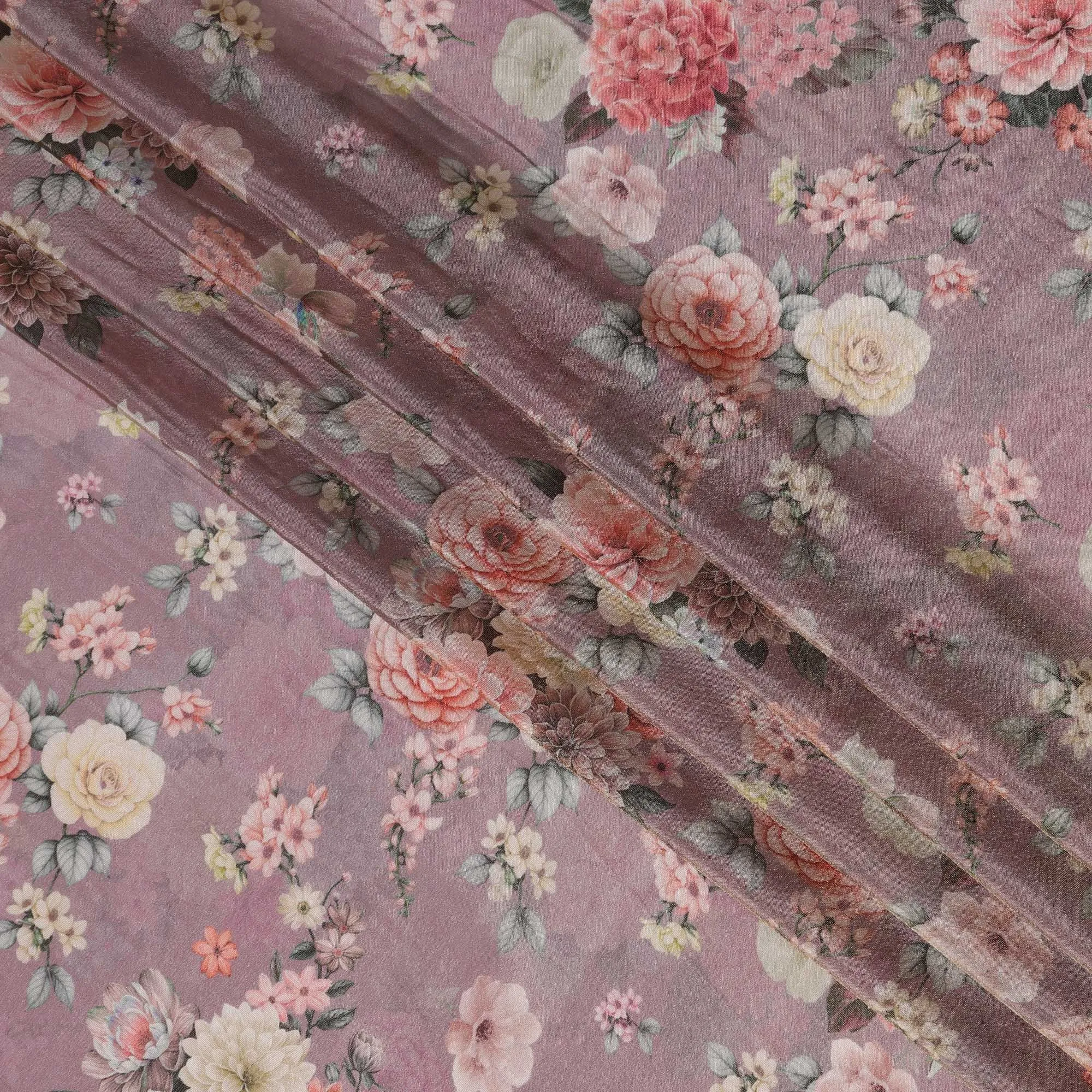 Rose Gold Viscose Digital Printed Fabric with Metallic Finish and Floral Design, 110 cm Width-D21333