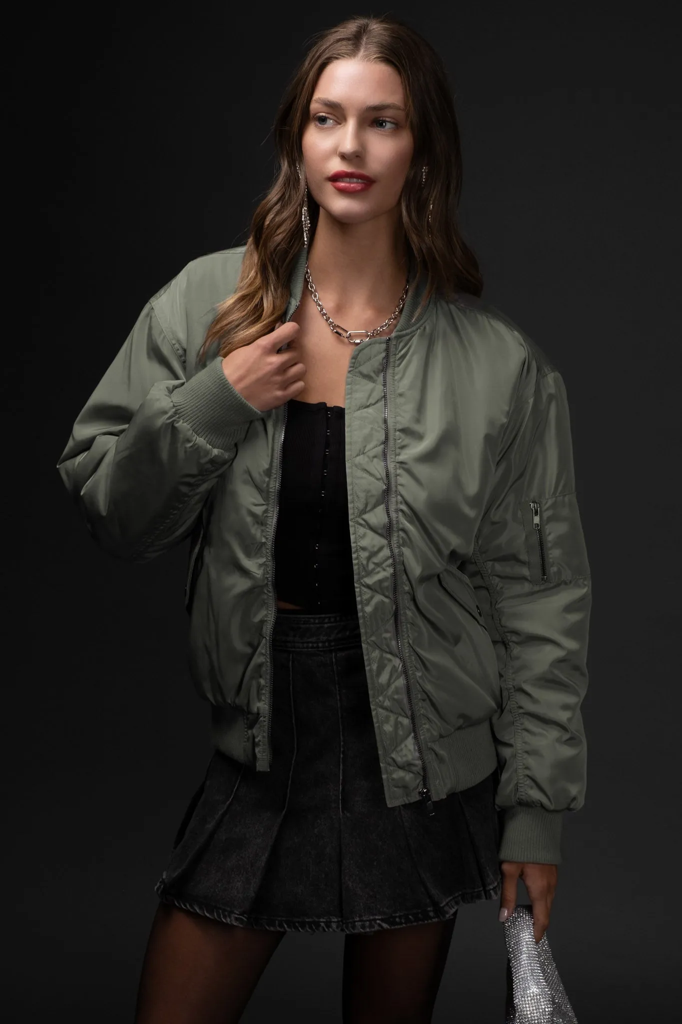 RUCHED ZIP UP BOMBER JACKET