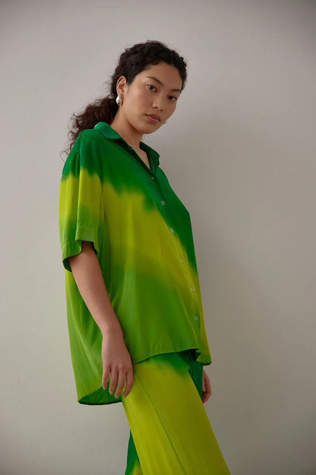 SANTANA - COLLARED SHIRT-  GREEN HAND PAINTED SILK SATIN