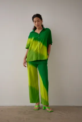 SANTANA - COLLARED SHIRT-  GREEN HAND PAINTED SILK SATIN