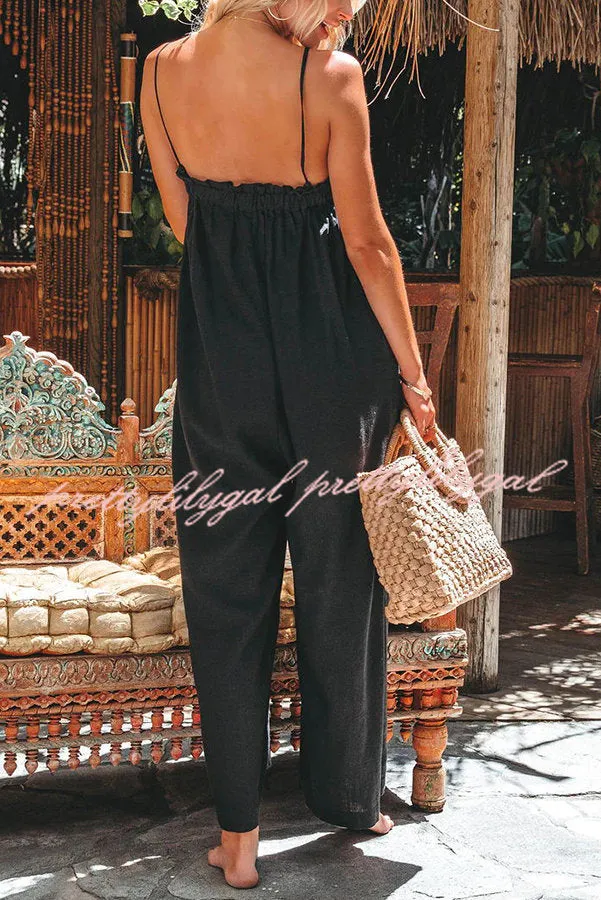 Saturday Strolling Linen Blend Pocketed Relaxed Jumpsuit