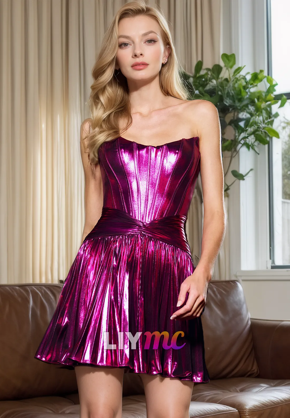 Scoop Strapless Pleated A-Line Sparkly Short Homecoming Dress