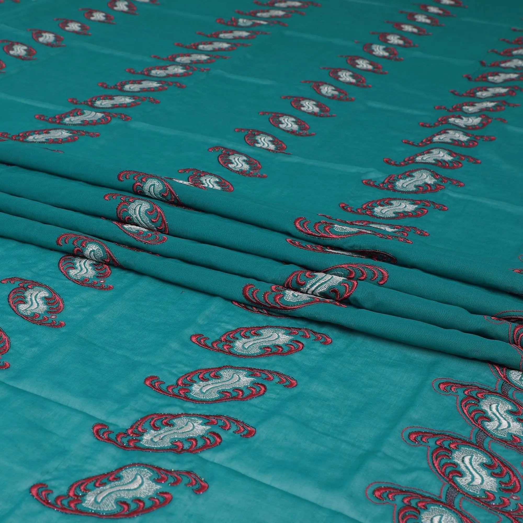 Sea green Swiss cotton voile fabric with red, beige and multicolor metallic embroidery in floral design-D6320