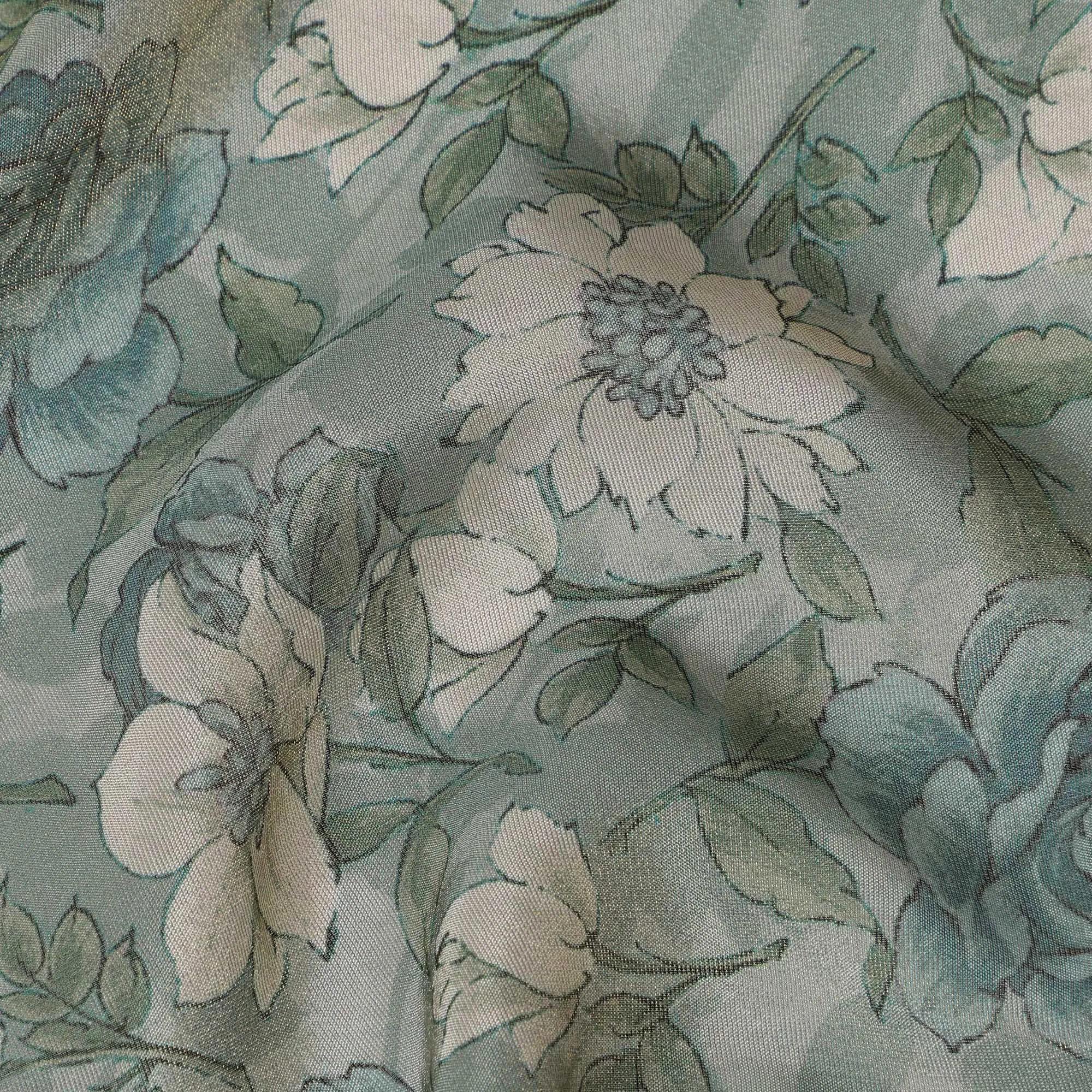 Sea Green Viscose Digital Printed Fabric with Metallic Finish and Floral Design, 110 cm Width-D21330