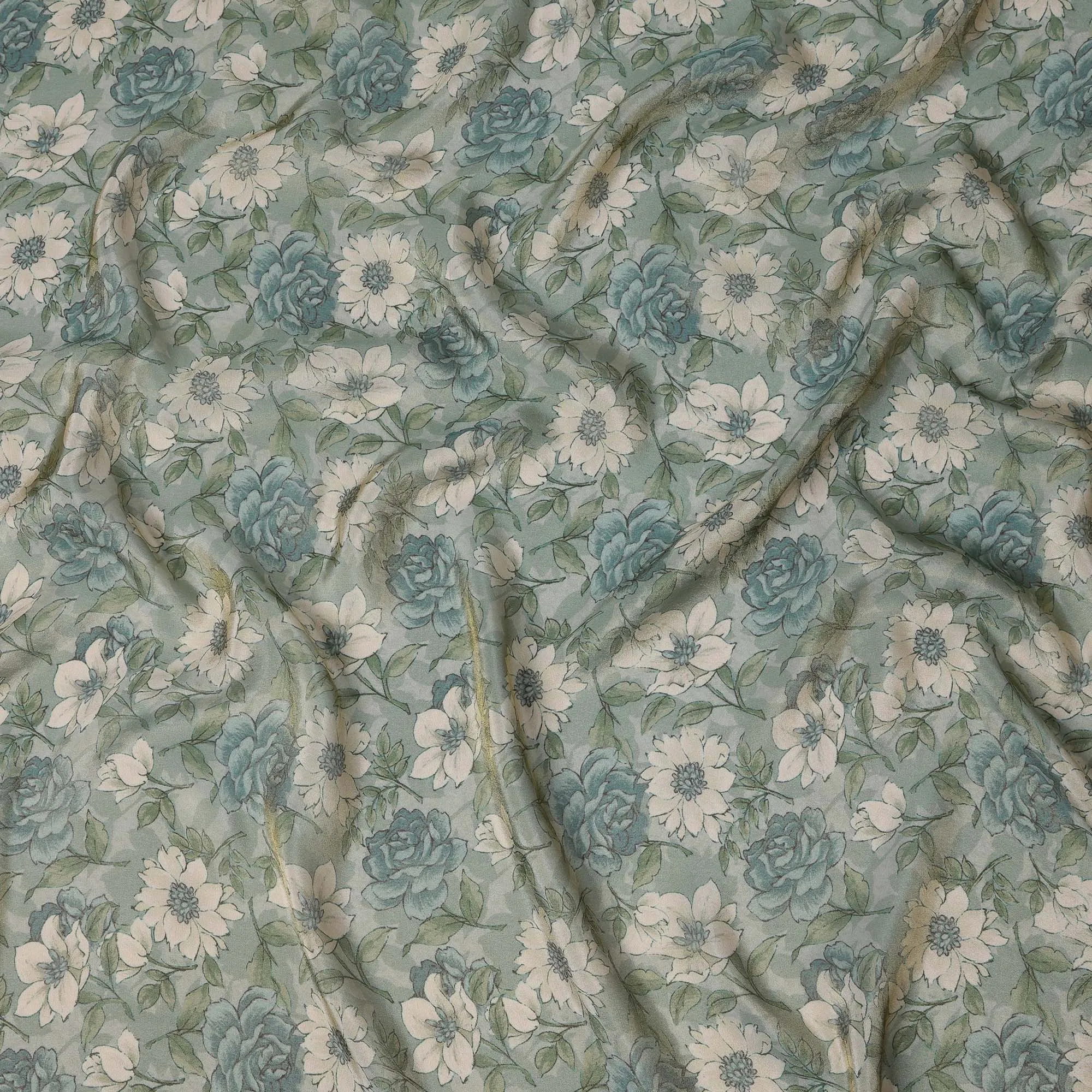 Sea Green Viscose Digital Printed Fabric with Metallic Finish and Floral Design, 110 cm Width-D21330