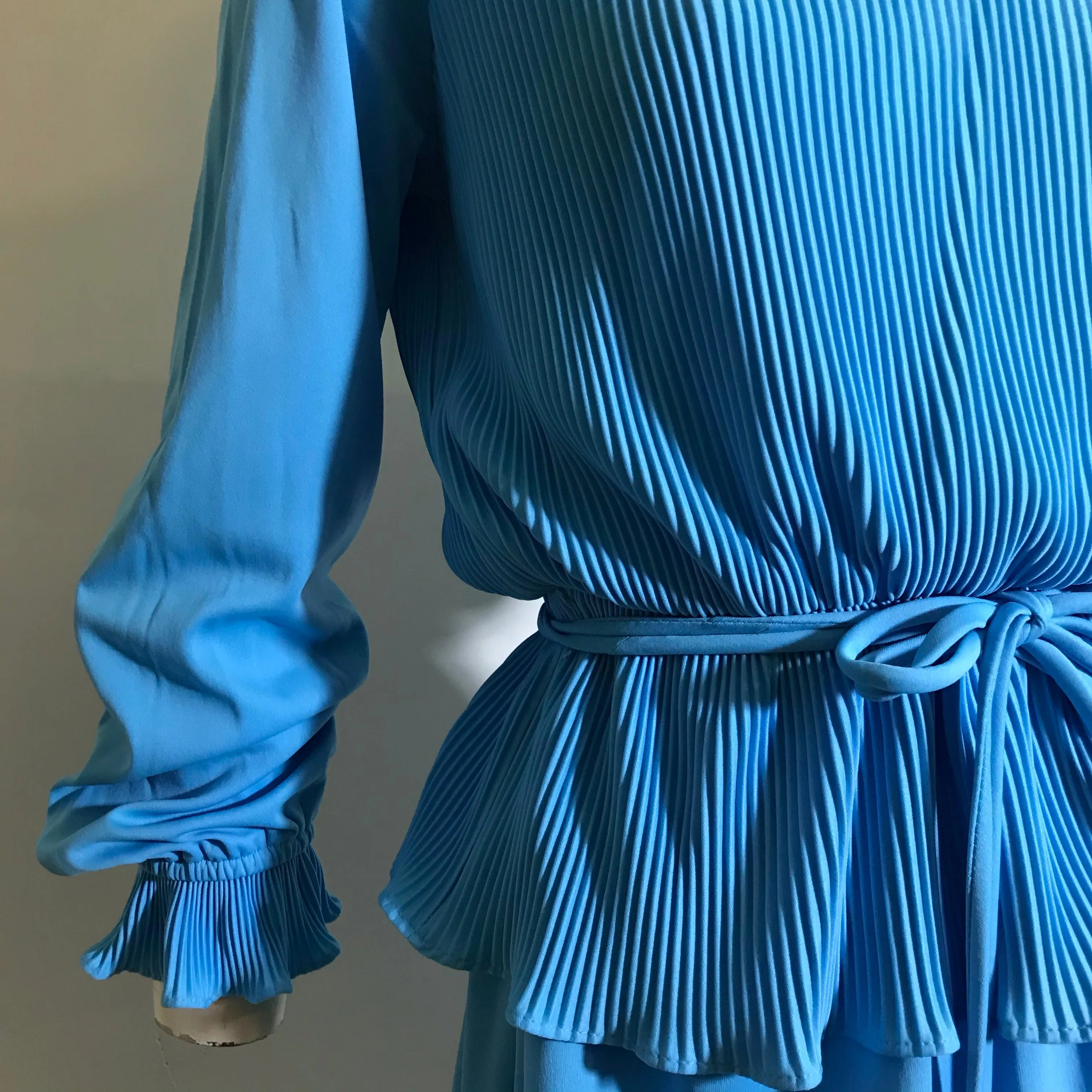 Sea Sky Blue Pleated Bodice Dress with Peplum circa 1970s