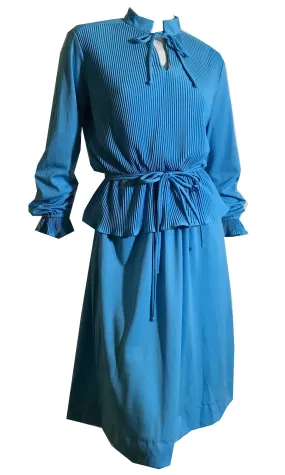 Sea Sky Blue Pleated Bodice Dress with Peplum circa 1970s