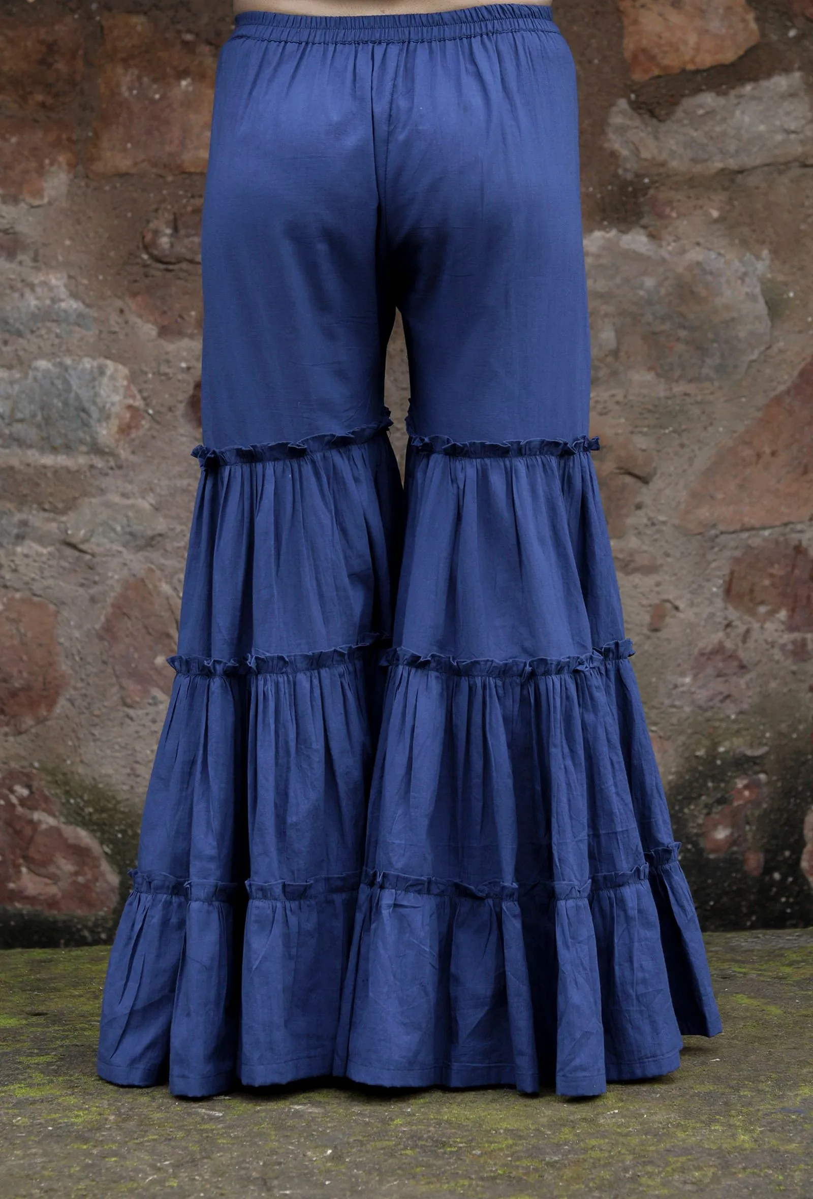 Set Of 2:Vrinda Indigo Tier Short Kurti & Sharara Pants