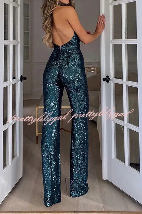 Shimmering Halter Style Drape Neck Wide Leg Jumpsuit