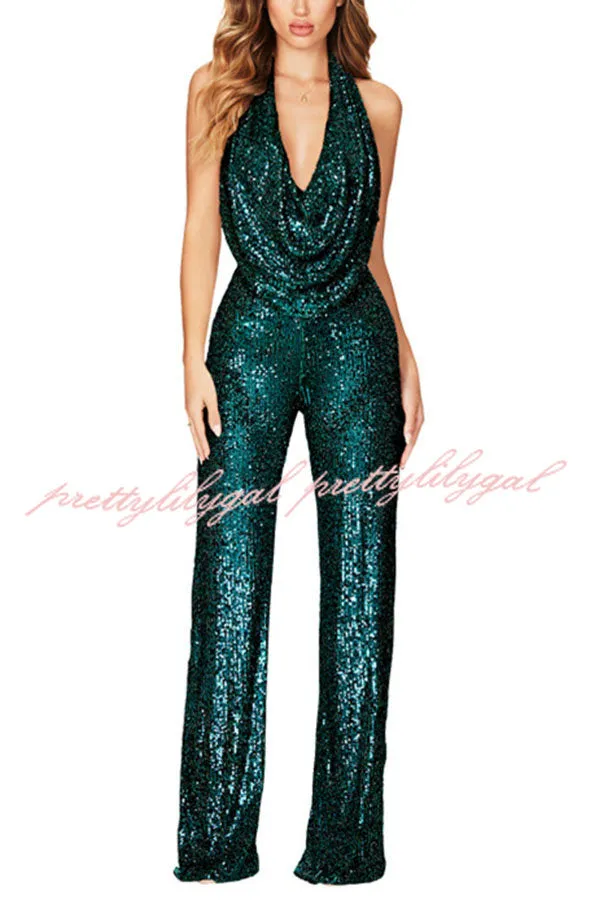 Shimmering Halter Style Drape Neck Wide Leg Jumpsuit