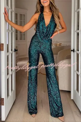 Shimmering Halter Style Drape Neck Wide Leg Jumpsuit