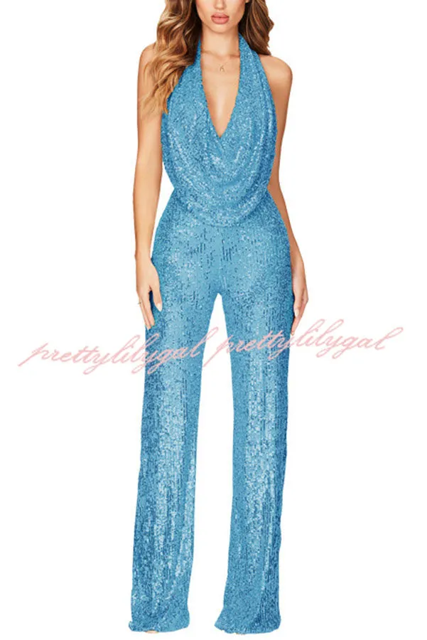 Shimmering Halter Style Drape Neck Wide Leg Jumpsuit