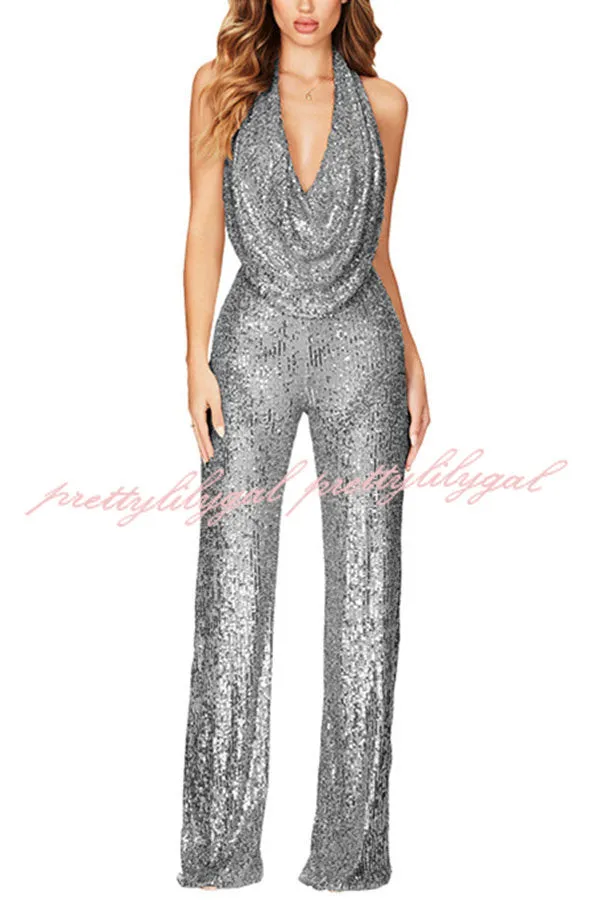 Shimmering Halter Style Drape Neck Wide Leg Jumpsuit