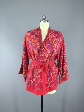 Silk Chiffon Kimono Cardigan / Vintage Indian Sari / Red Chevrons