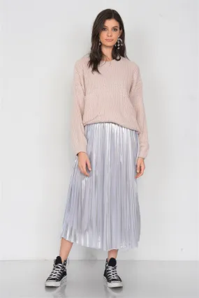 Silver Metallic Pleated Chic Midi Skirt