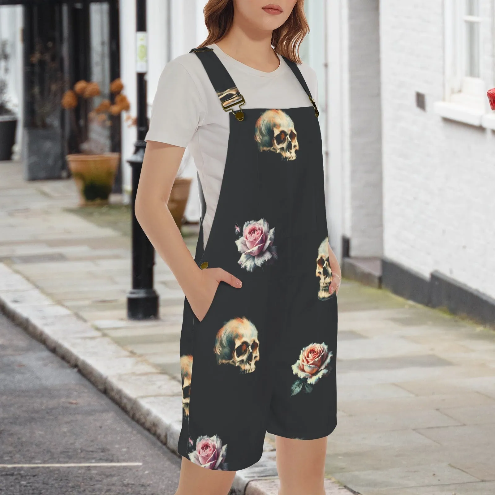 skull and roses print 3 copy Unisex Shorts Suspender Jumpsuit (Model L78)