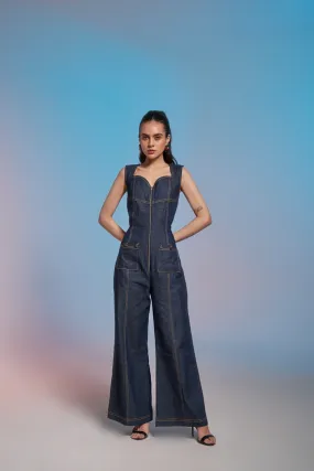 Sleeveless Classic Women's Blue Denim Jumpsuit