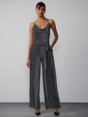 Sleeveless Cowl Neck Lurex Knit Jumpsuit