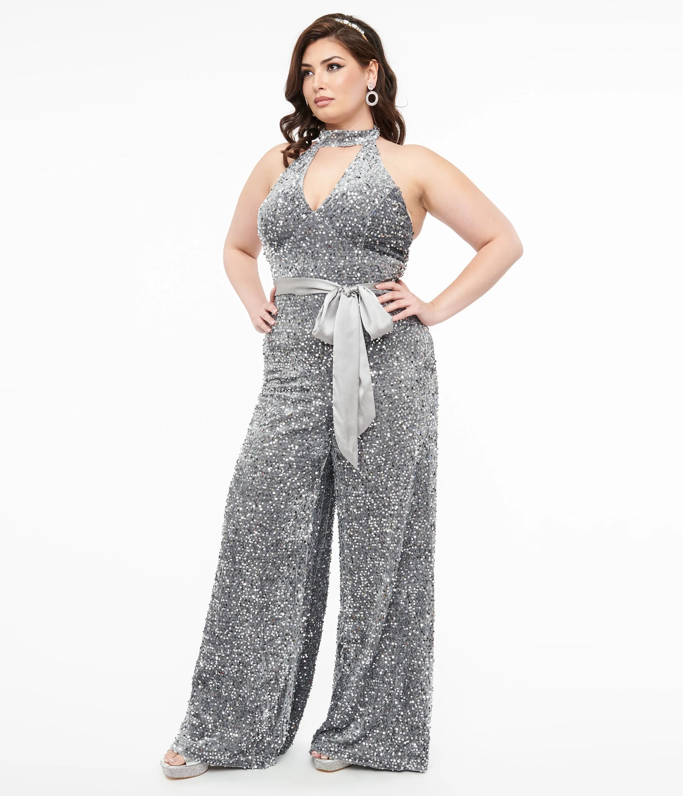 Smak Parlour Plus Size Silver Sequin Glamour Goddess Jumpsuit