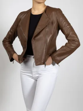 Sofia Italian Collarless Lambskin Leather Jacket