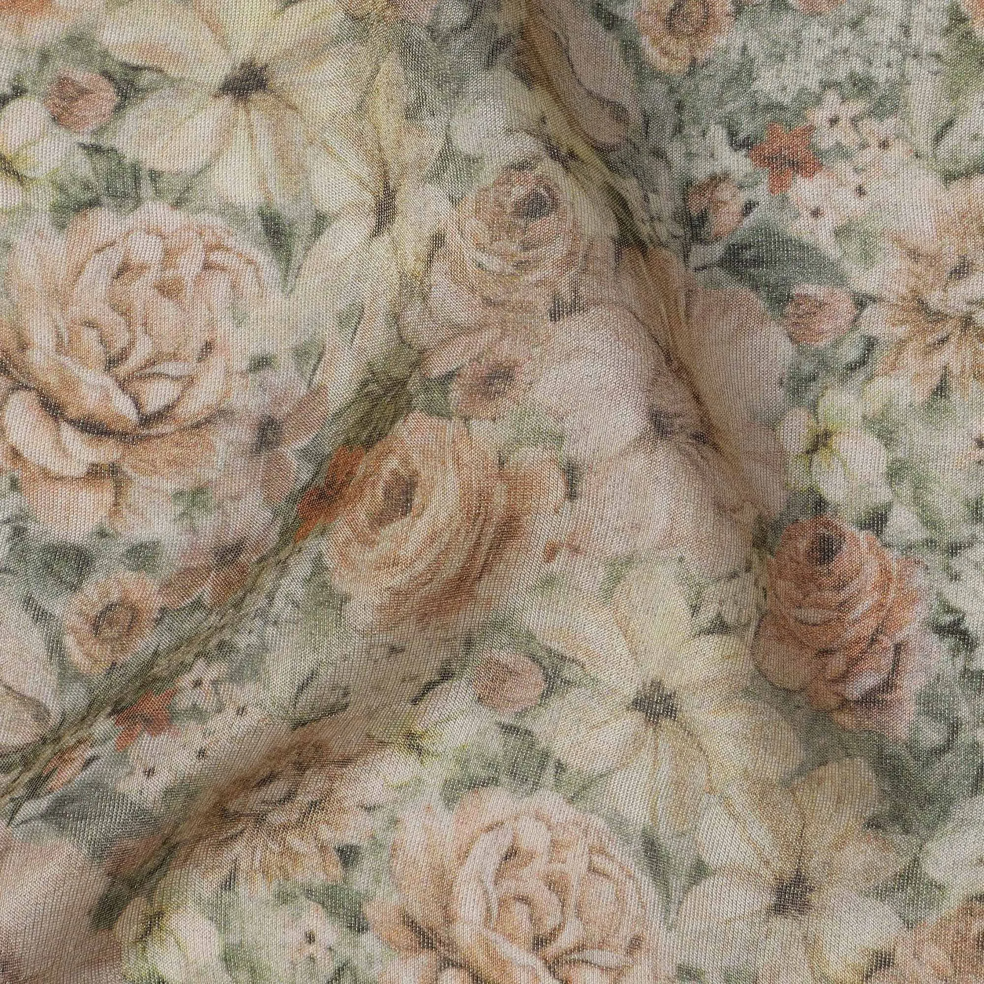 Soft Beige Viscose Digital Printed Fabric with Metallic Finish and Floral Pattern, 110 cm Width-D21334