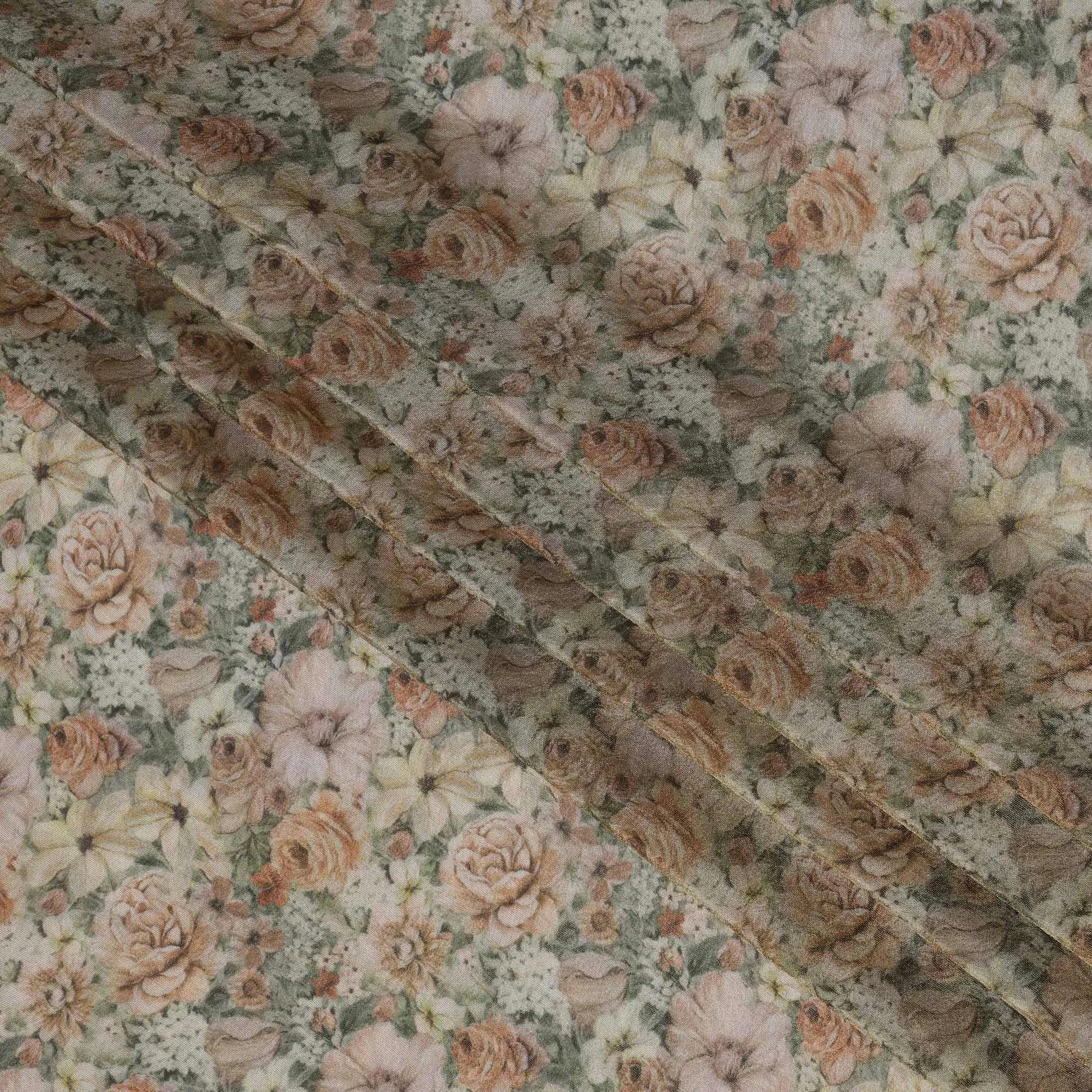 Soft Beige Viscose Digital Printed Fabric with Metallic Finish and Floral Pattern, 110 cm Width-D21334