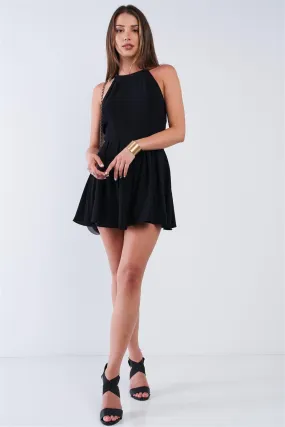 Solid Black Dressy Sleeveless Open Back Knot Tie Up Romper