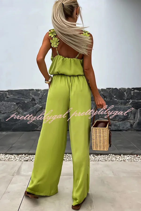 Solid Color Embroidered Flower Suspenders Casual Loose Jumpsuit