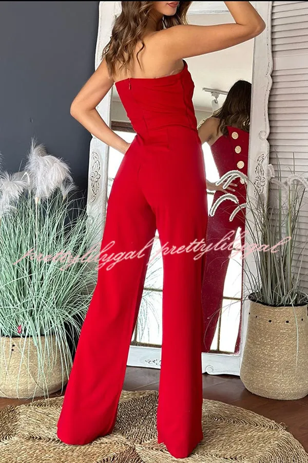 Solid Color Sexy Tube Top Gold Button Embellished Bootcut Jumpsuit