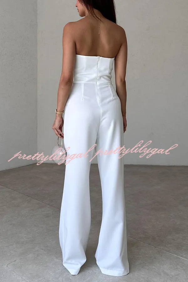 Solid Color Sexy Tube Top Gold Button Embellished Bootcut Jumpsuit