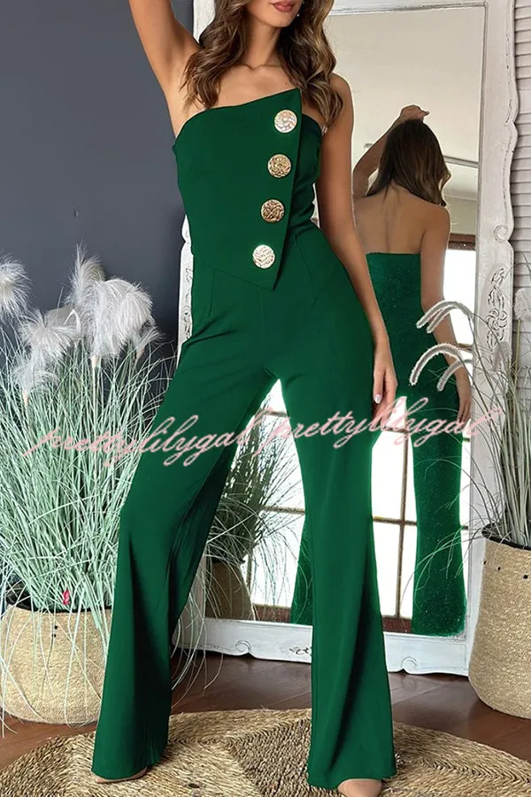 Solid Color Sexy Tube Top Gold Button Embellished Bootcut Jumpsuit