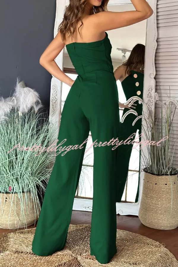 Solid Color Sexy Tube Top Gold Button Embellished Bootcut Jumpsuit