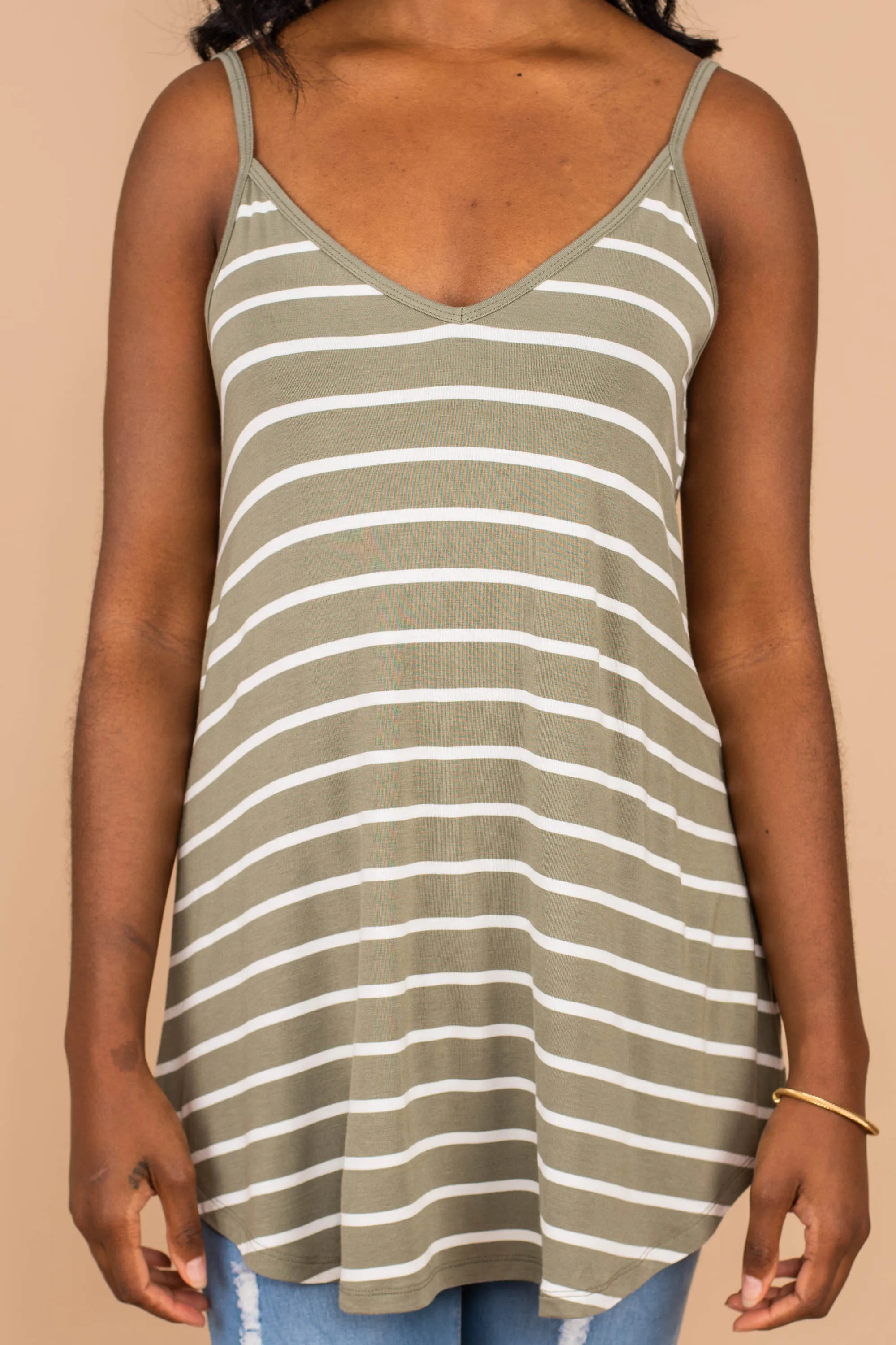 Somewhere Out There Light Olive Green Striped Tank