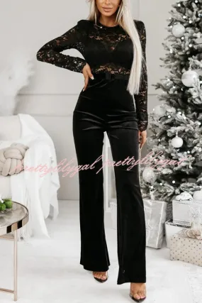 Sonya Lace Velvet Patchwork Long Sleeve Belted Flare Stretch Jumpsuit