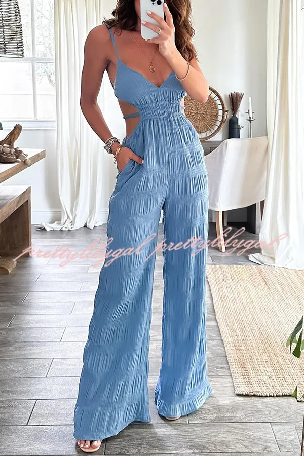 Summer Vacay Style Crinkle Fabric Cut Out Elastic Waist Pocket Backless Jumpsuit