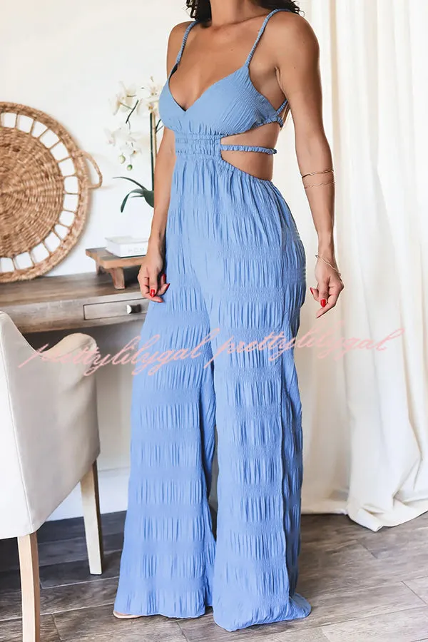 Summer Vacay Style Crinkle Fabric Cut Out Elastic Waist Pocket Backless Jumpsuit