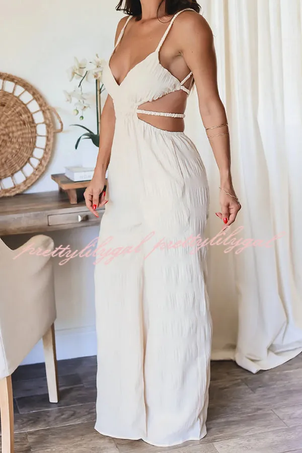 Summer Vacay Style Crinkle Fabric Cut Out Elastic Waist Pocket Backless Jumpsuit