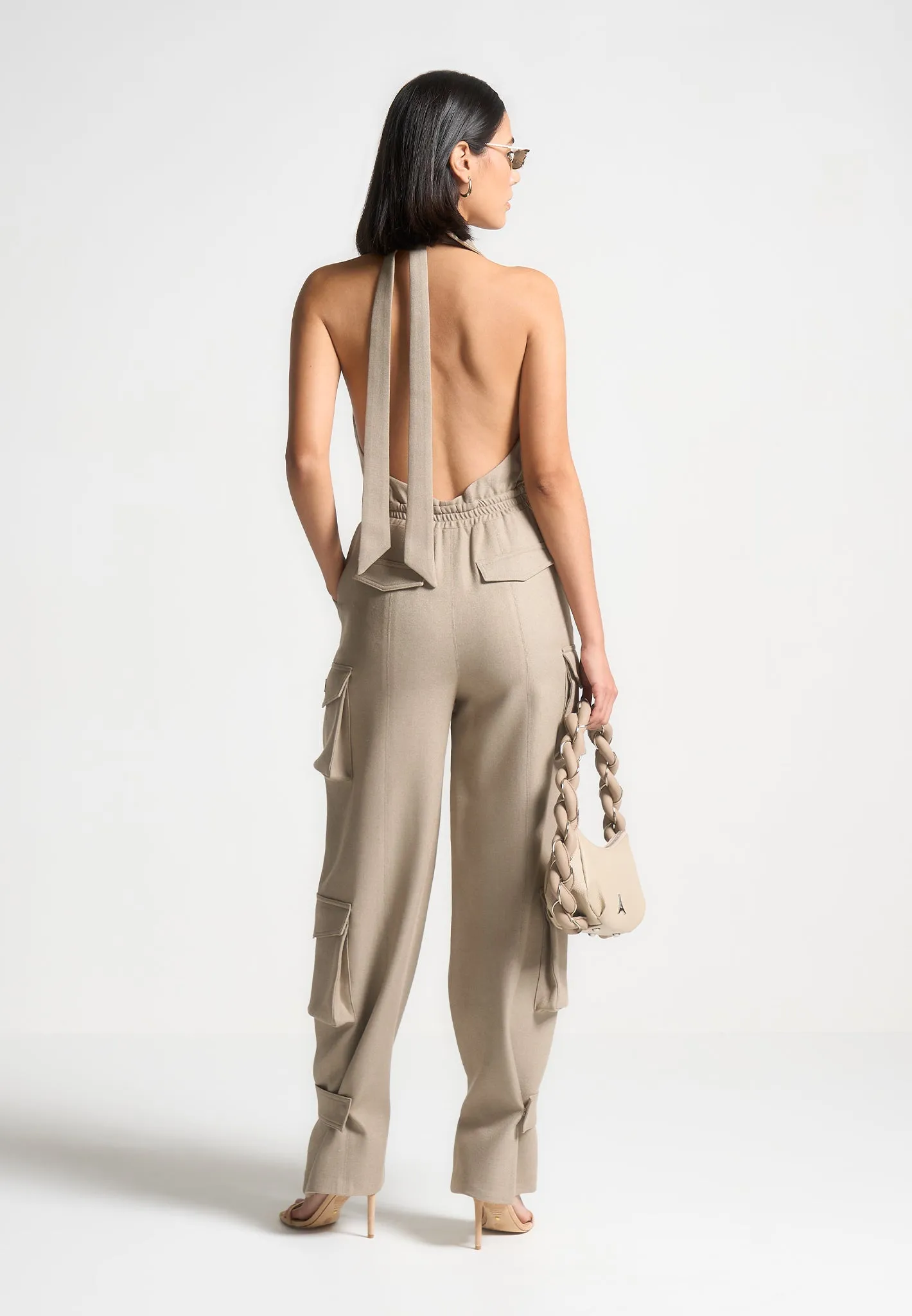 Tailored Halterneck Cargo Jumpsuit - Beige