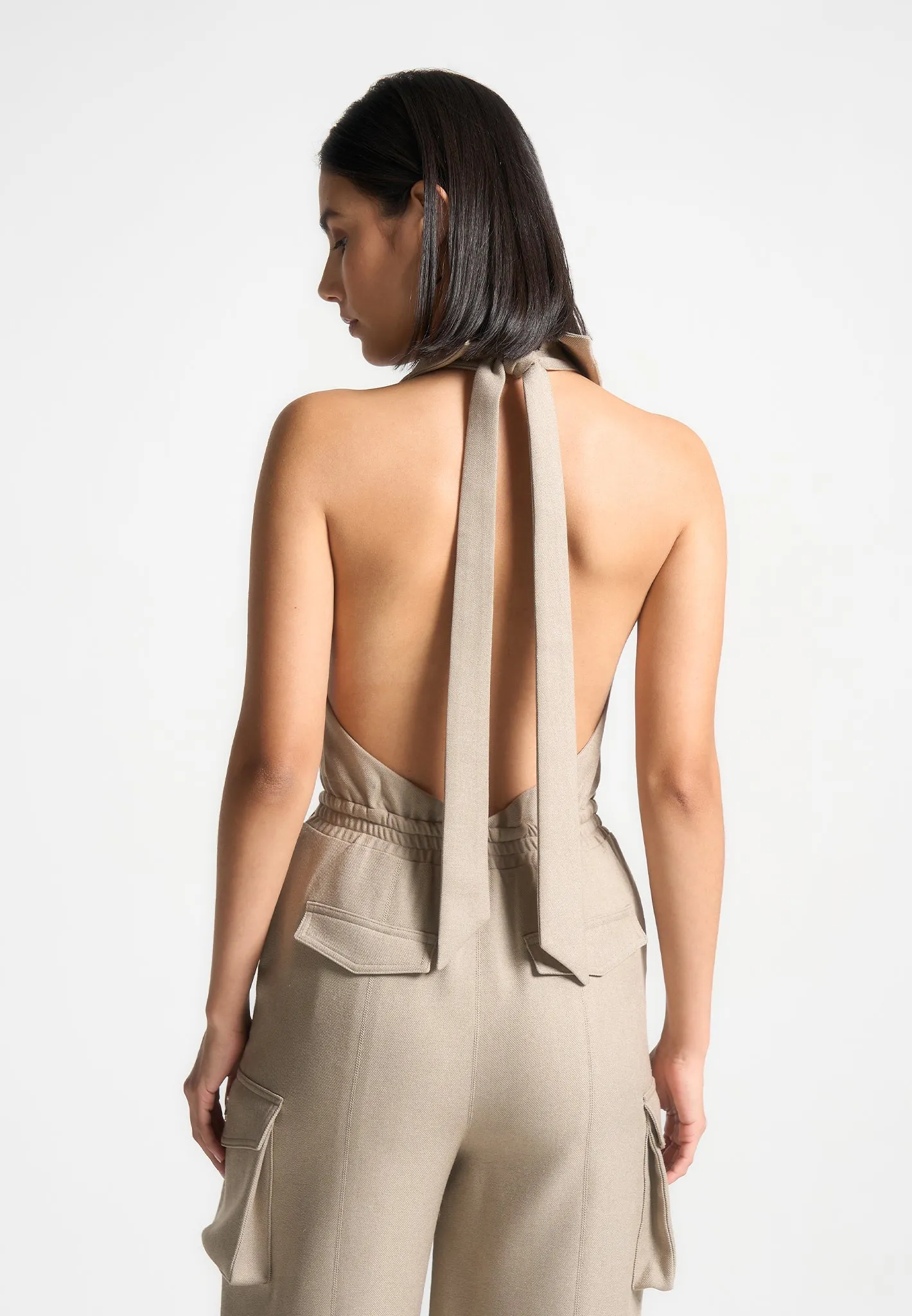 Tailored Halterneck Cargo Jumpsuit - Beige