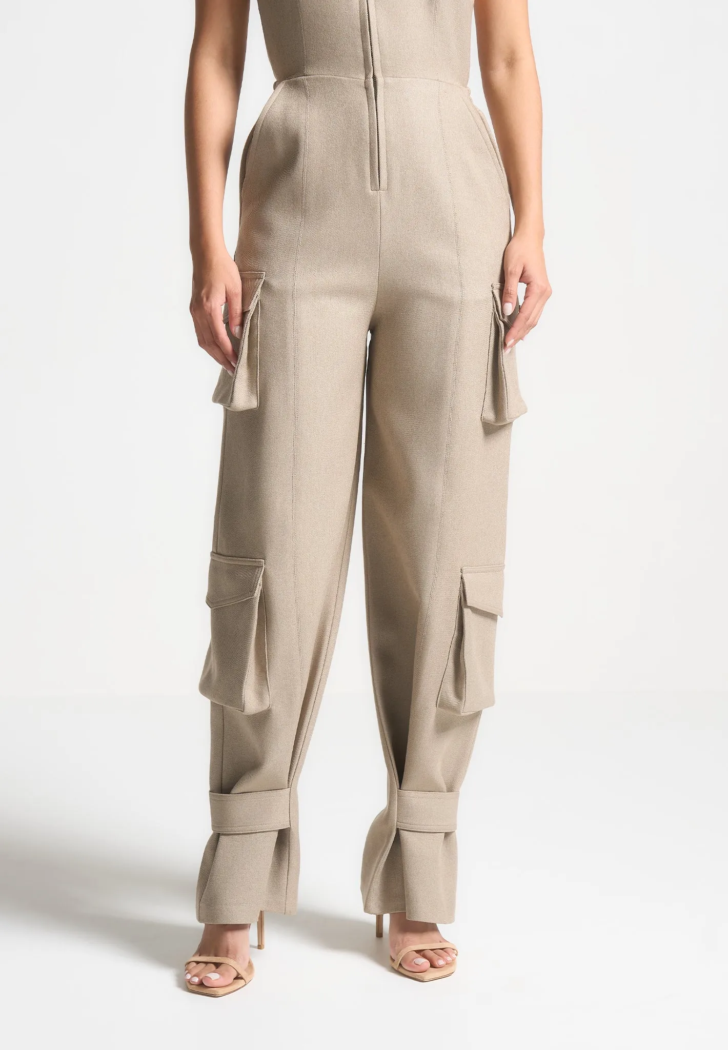 Tailored Halterneck Cargo Jumpsuit - Beige