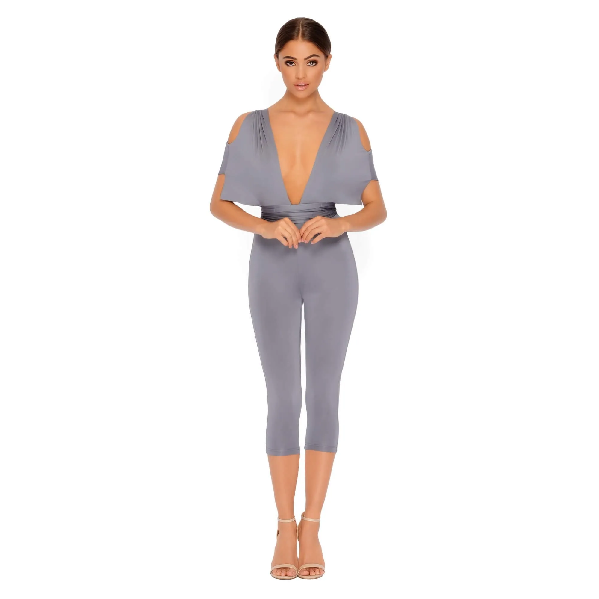 Take The Plunge Cold Shoulder Cropped Jumpsuit in Sharkskin Grey